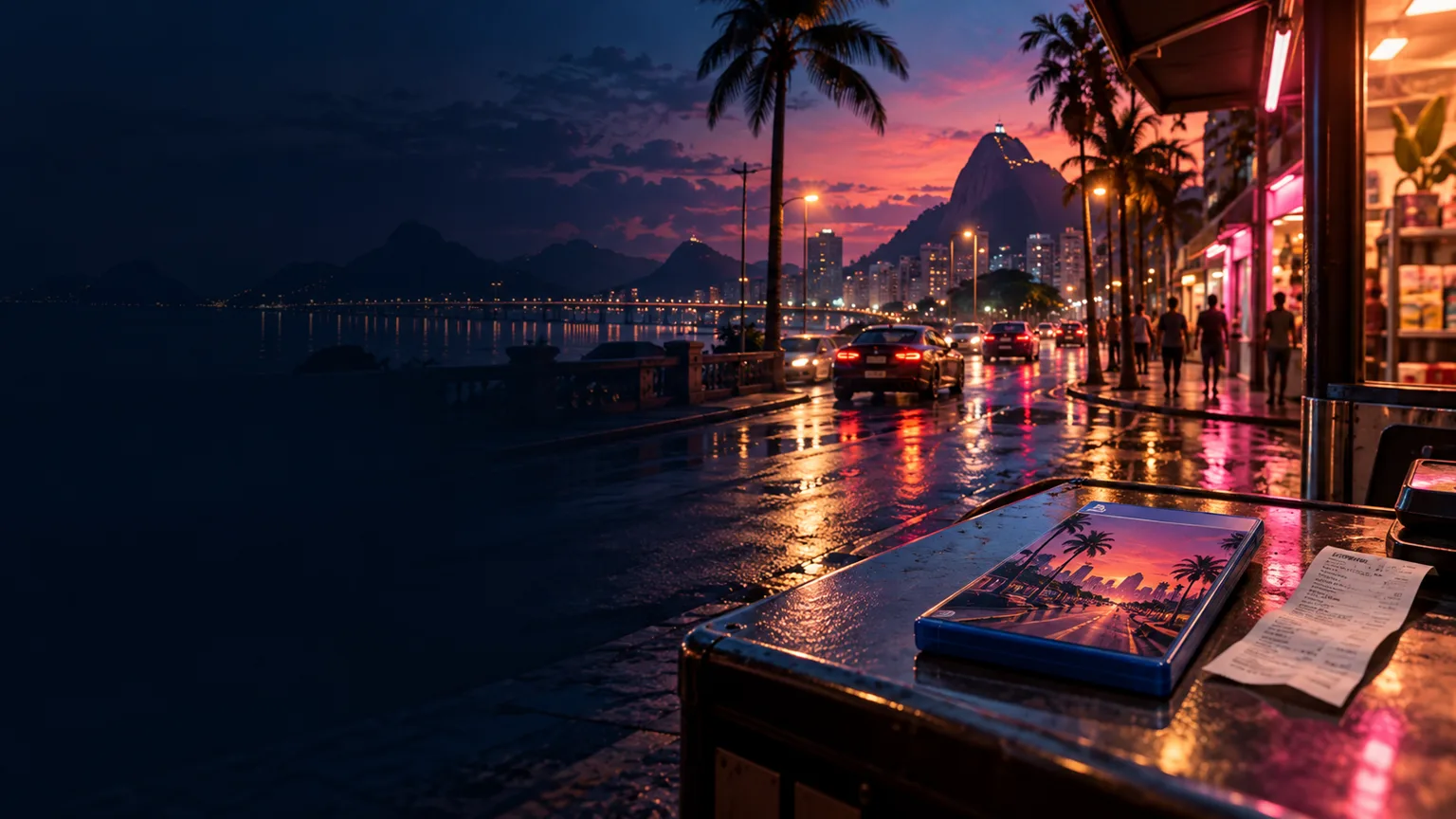Avenida urbana brasileira ao anoitecer com vitrines e objetos de compra de jogo